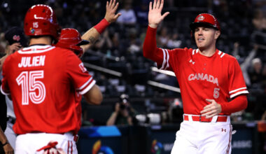 Freddie Freeman representing team Canada against Great Britain in the 2023 World Baseball Classic.