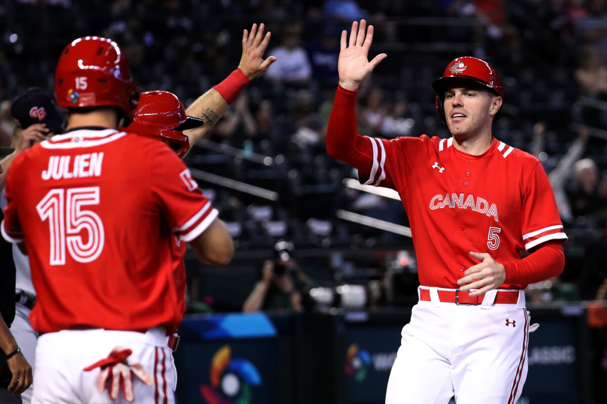 Freddie Freeman representing team Canada against Great Britain in the 2023 World Baseball Classic.