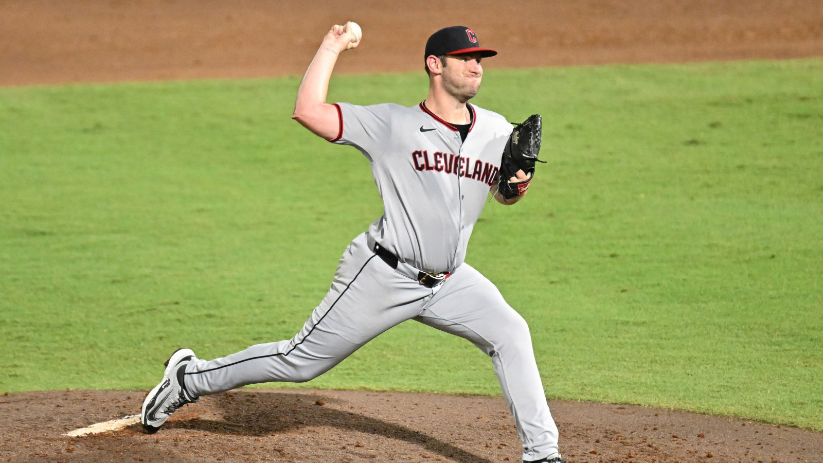Cleveland Guardians starting pitcher Gavin Williams (32) throws a pitch in the second inning against the Tampa Bay Rays at George M. Steinbrenner Field.