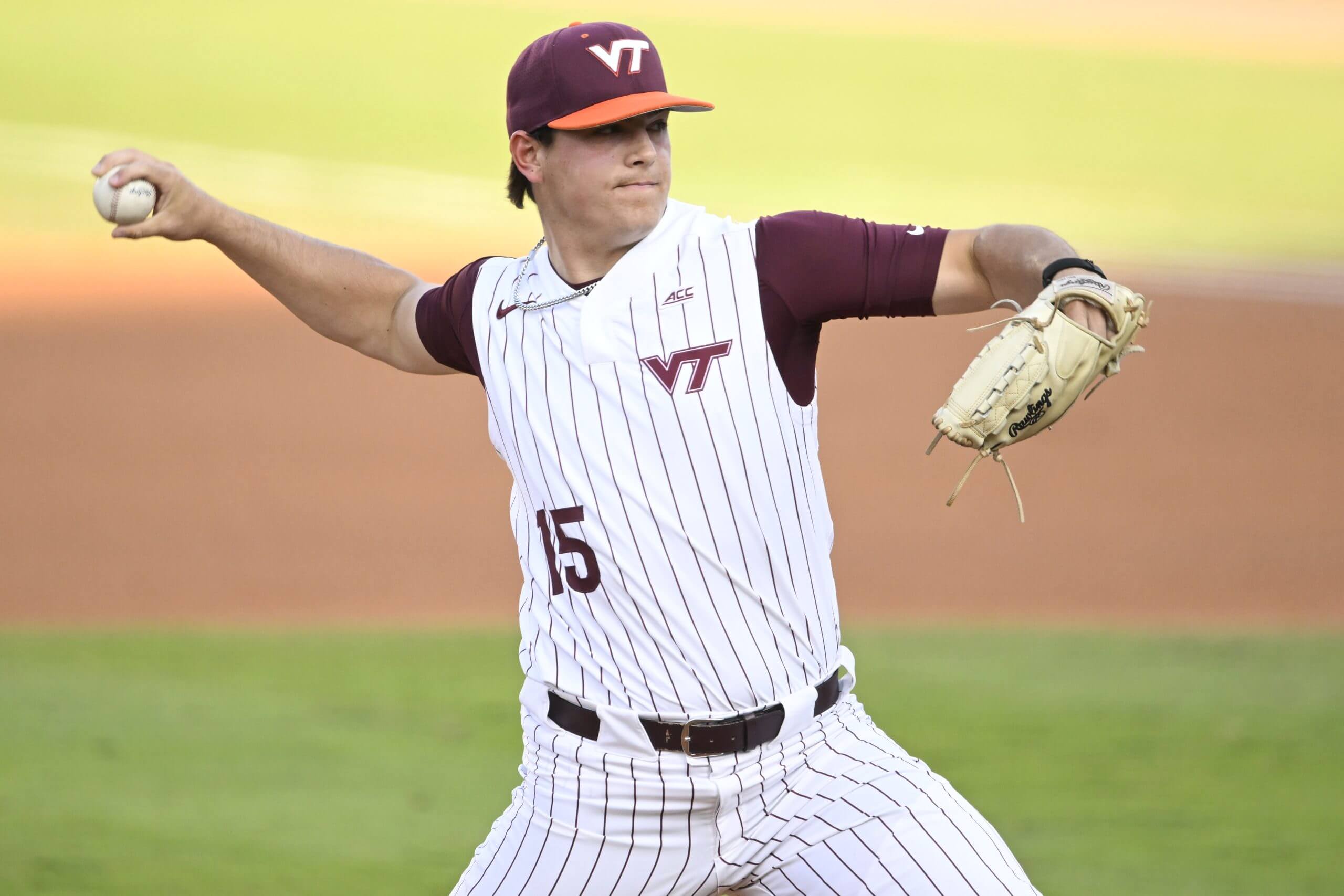 f the Virginia Tech Hokies throws a warm up pitch before the first inning against the Clemson Tigers during the ACC Baseball Championship at Durham Bulls Athletic Park.