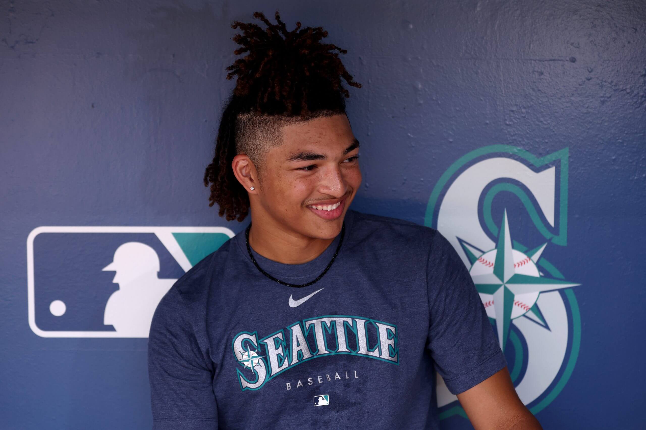 Tai Peete, the Seattle Mariners 30th overall draft pick, talks to media after batting practice at T-Mobile Park on July 18, 2023 in Seattle, Washington.