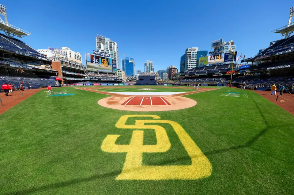 General view of a San Diego Padres logo on the field at PETCO Park prior to a game against the St. Louis Cardinals at PETCO Park on April 3, 2024