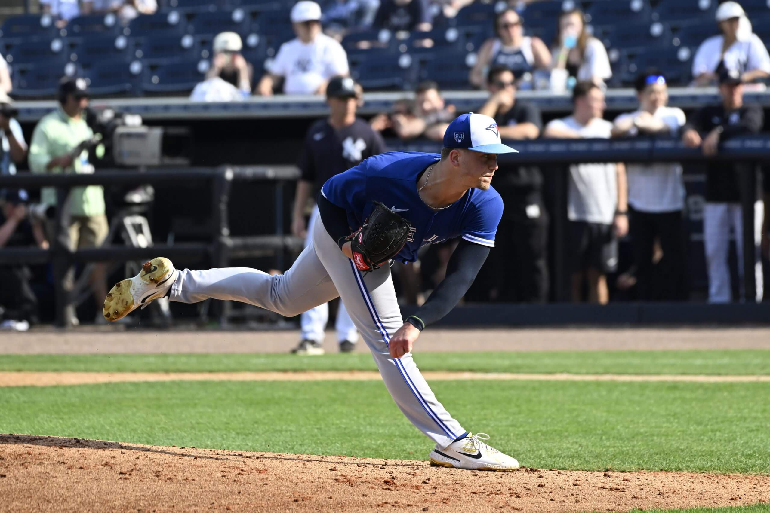 oronto Blue Jays throws a pitch during the first inning of a spring training Spring Breakout game against the New York Yankees on March 16, 2024 at George M. Steinbrenner Field in Tampa, Florida. 