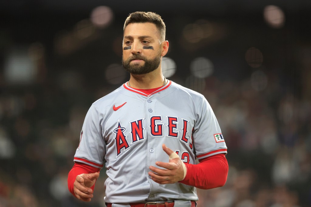 Kevin Pillar #12 of the Los Angeles Angels reacts against the Chicago White Sox at Guaranteed Rate Field on September 24, 2024 in Chicago, Illinois.
