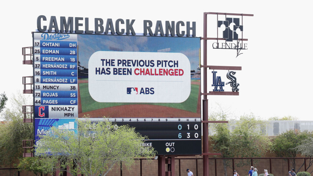 The video board displays the Automated Ball-Strike (ABS) system during a challenge by the Los Angel...