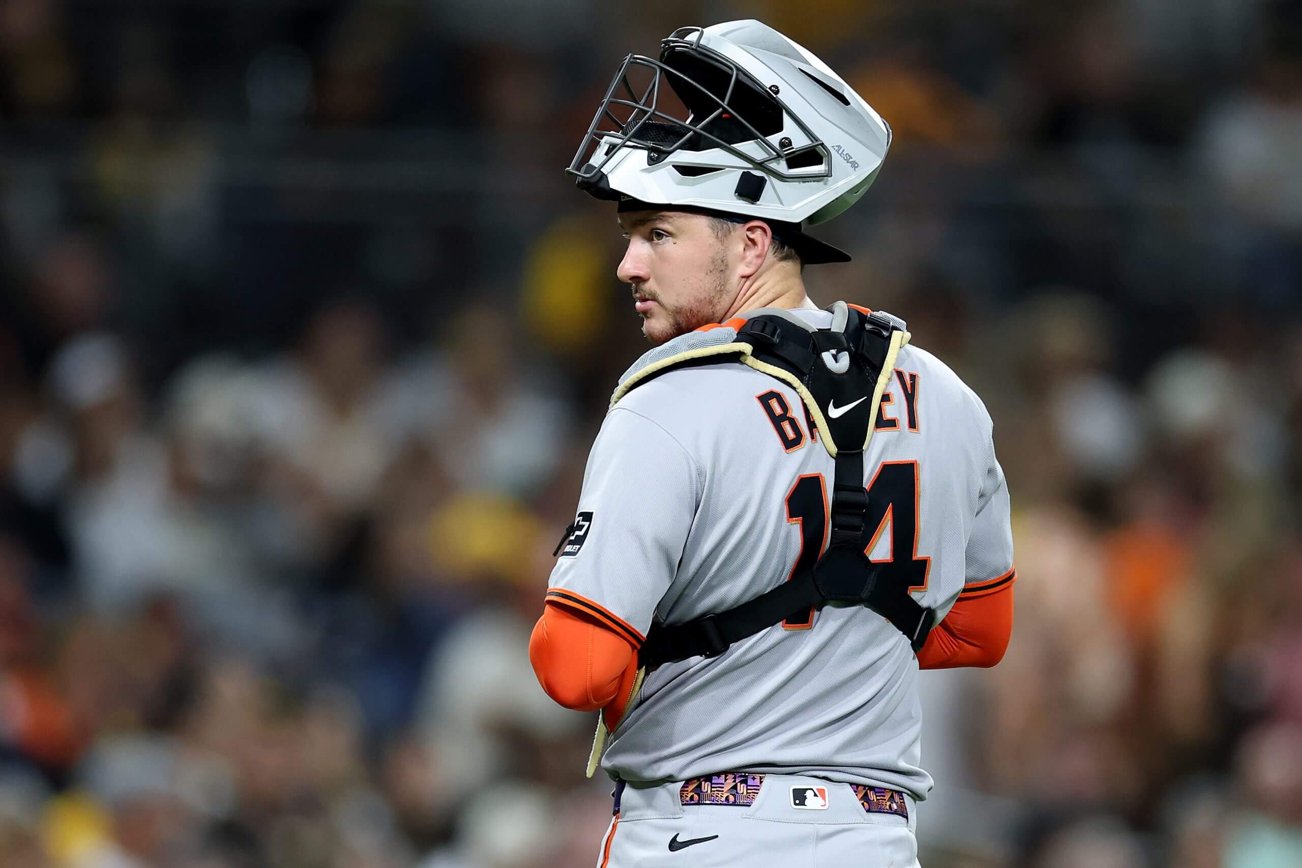 Patrick Bailey looks on during a game against the San Diego Padres at Petco Park