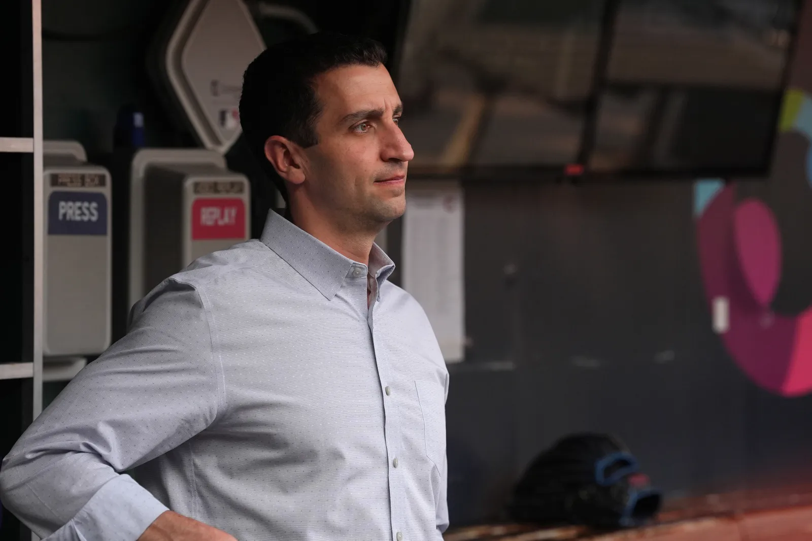 CINCINNATI, OHIO - SEPTEMBER 05: New York Mets President of Baseball Operations David Stearns looks from the dugout during batting practice before the game against the Cincinnati Reds at Great American Ball Park on September 05, 2025 in Cincinnati, Ohio. (Photo by Jason Mowry/Getty Images)
