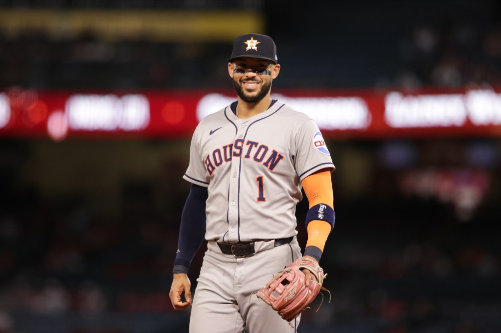 Carlos Correa #1 of the Houston Astros looks on during the game between the Houston Astros and the Los Angeles Angels at Angel Stadium of Anaheim on Saturday, September 27, 2025 in Anaheim, California.