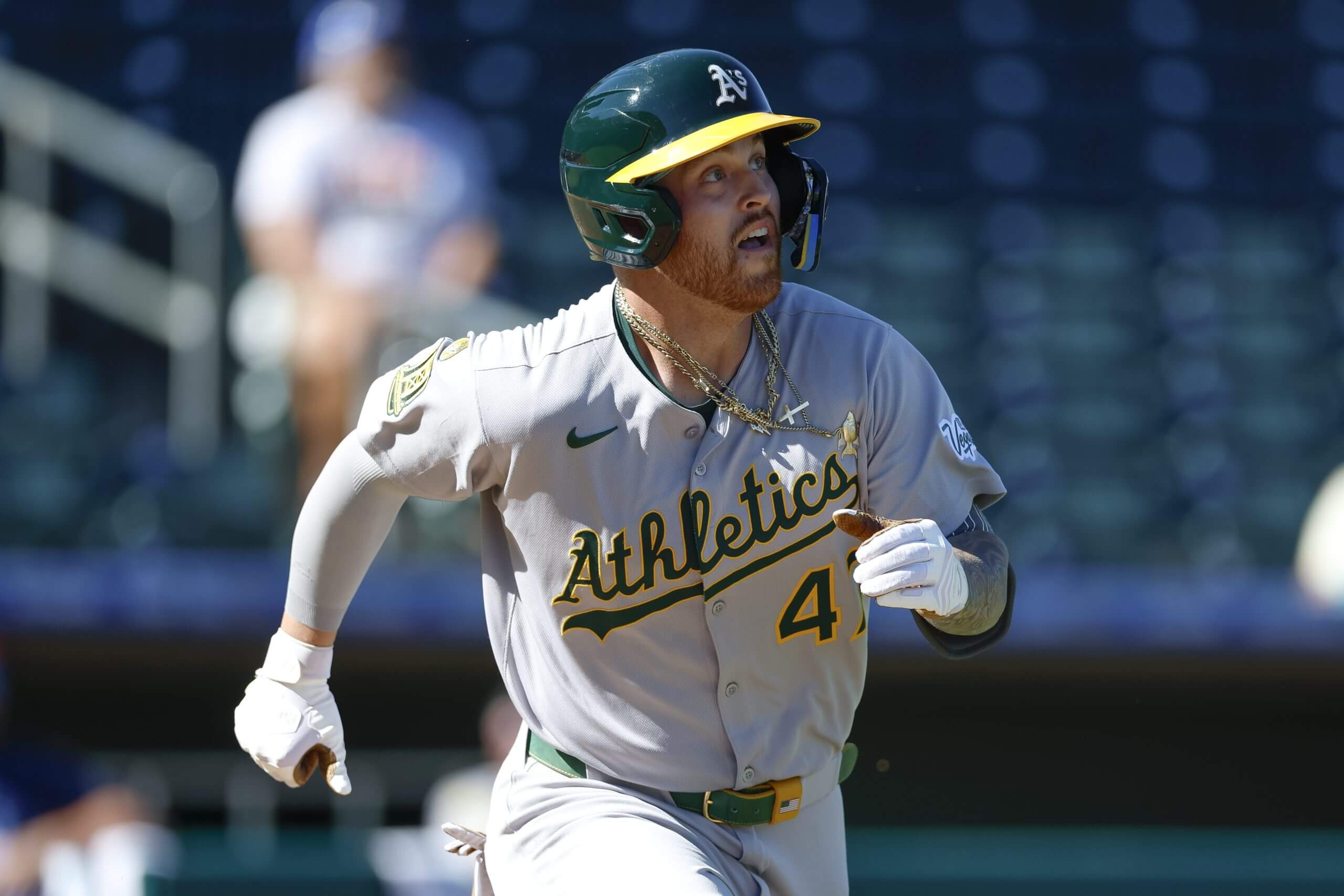 Tommy White #47 of the Mesa Solar Sox watches the flight of his grand slam during an Arizona Fall League game against the Surprise Saguaros at Surprise Stadium on October 25, 2025 in Surprise, Arizona. 