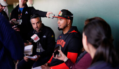 SCOTTSDALE, ARIZONA - FEBRUARY 10: Luis Arraez #1 of the San Francisco Giants talks to the media during Spring Training at Scottsdale Stadium on February 10, 2026 in Scottsdale, Arizona. (Photo by Suzanna Mitchell/San Francisco Giants/Getty Images)