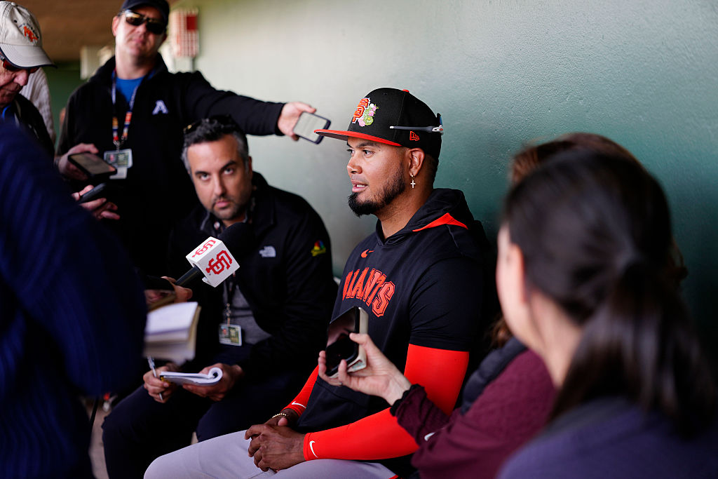 SCOTTSDALE, ARIZONA - FEBRUARY 10: Luis Arraez #1 of the San Francisco Giants talks to the media during Spring Training at Scottsdale Stadium on February 10, 2026 in Scottsdale, Arizona. (Photo by Suzanna Mitchell/San Francisco Giants/Getty Images)