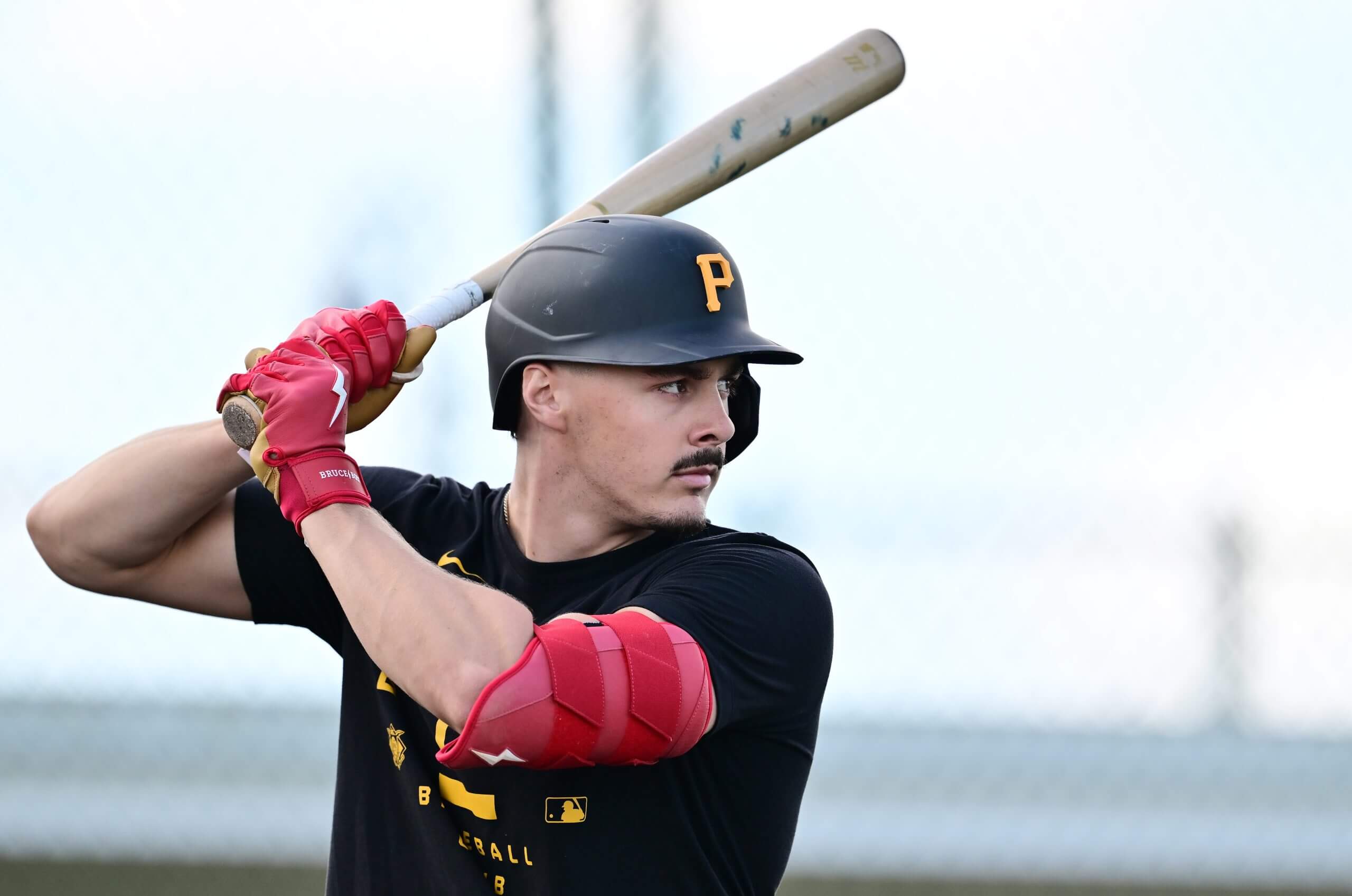 Konnor Griffin #75 of the Pittsburgh Pirates at bat during a spring training workout at Pirate City on February 12, 2026 in Bradenton, Florida.