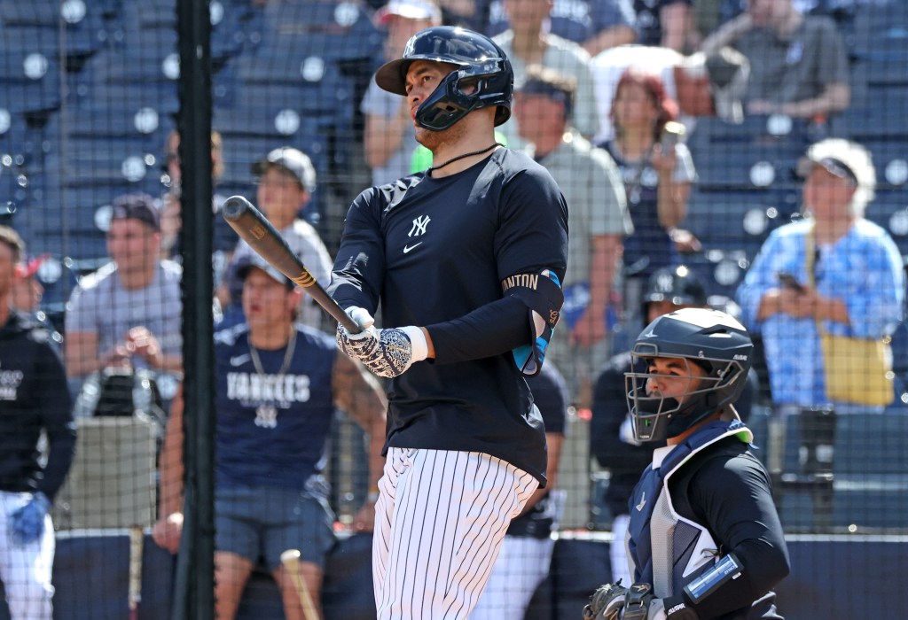 Giancarlo Stanton, taking batting practice earlier this week, hit a home off Osvaldo Bido during BP on Feb. 19, 2026.