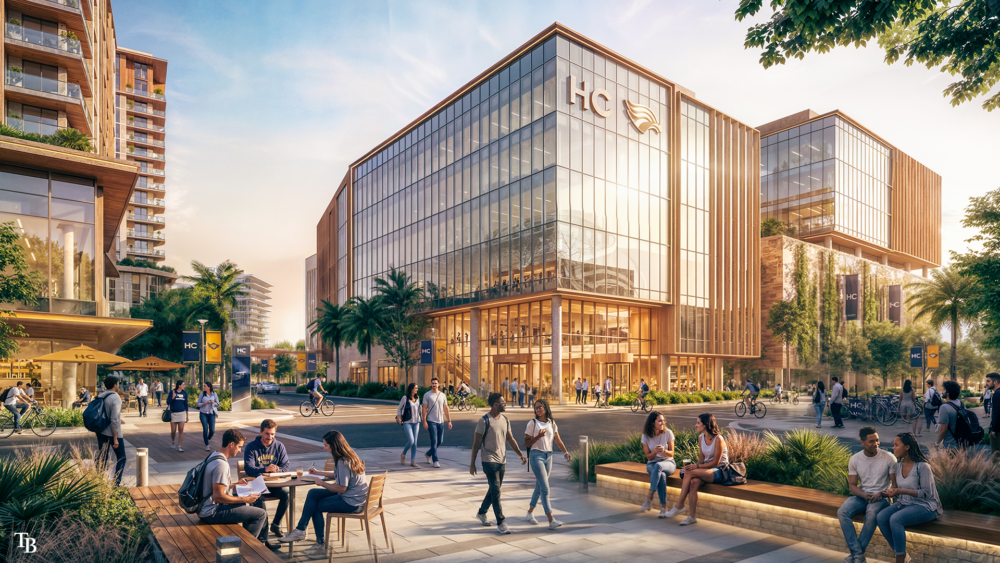 Rendering shows a redesigned Hillsborough College building and pedestrian plaza within the proposed Dale Mabry ballpark district in Tampa.