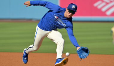 Los Angeles Dodgers second baseman Hyeseong Kim (6) fields ground balls as he warms up prior to the game against the San Francisco Giants at Dodger Stadium.