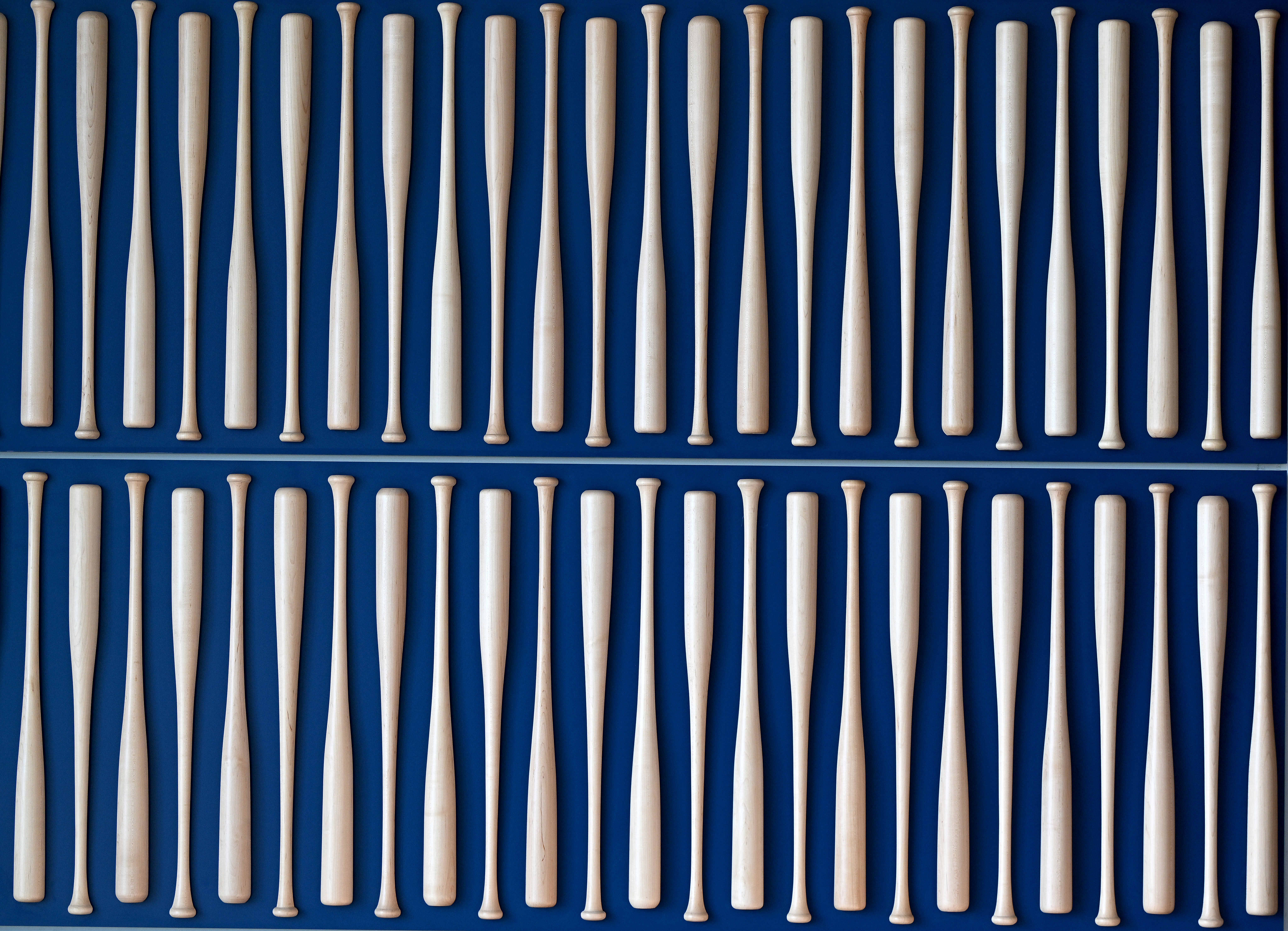 Baseball bats, seen Friday, Feb. 13, 2026, fill a wall...