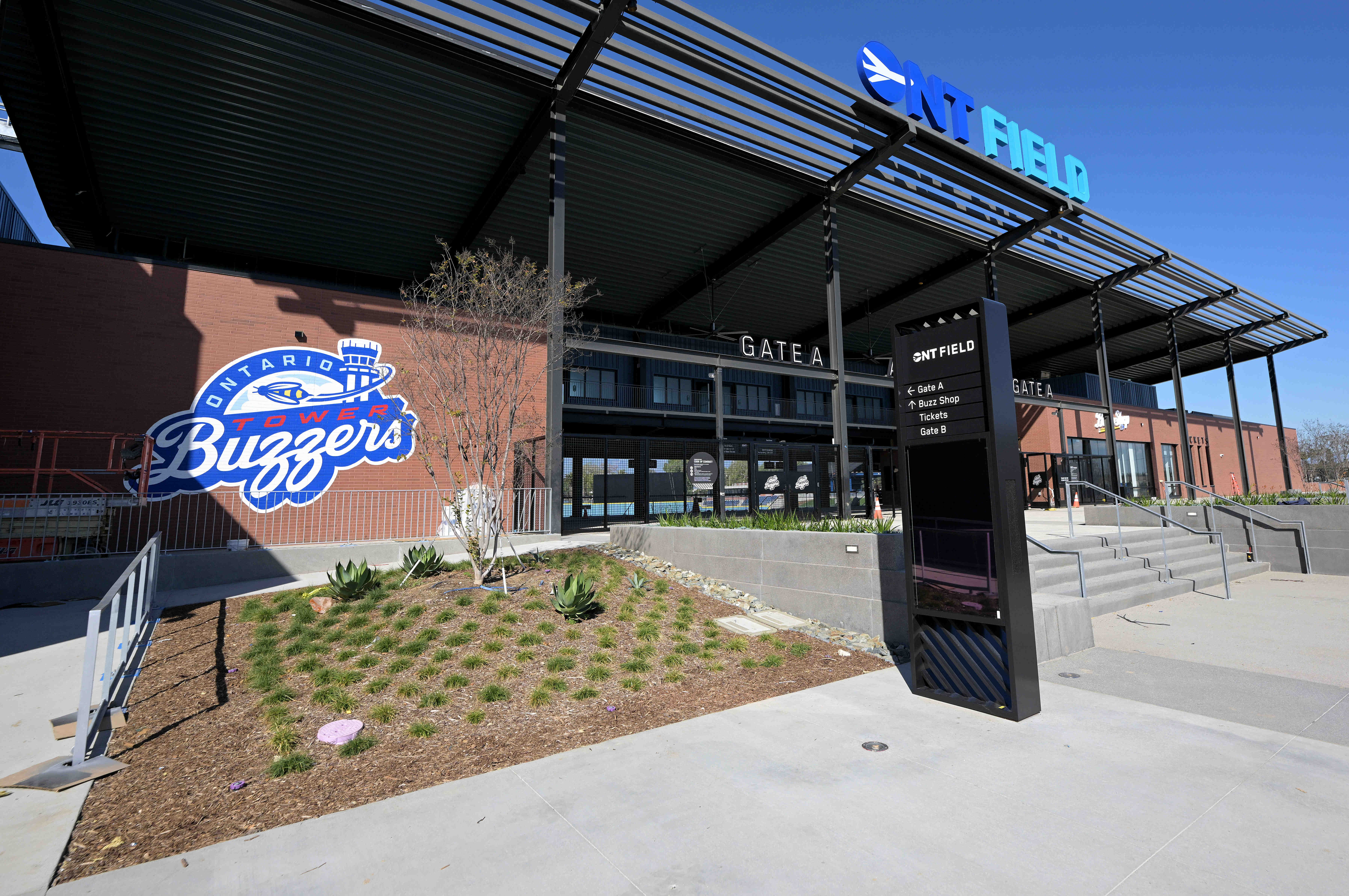 The Gate A stadium entrance at ONT Field in Ontario...