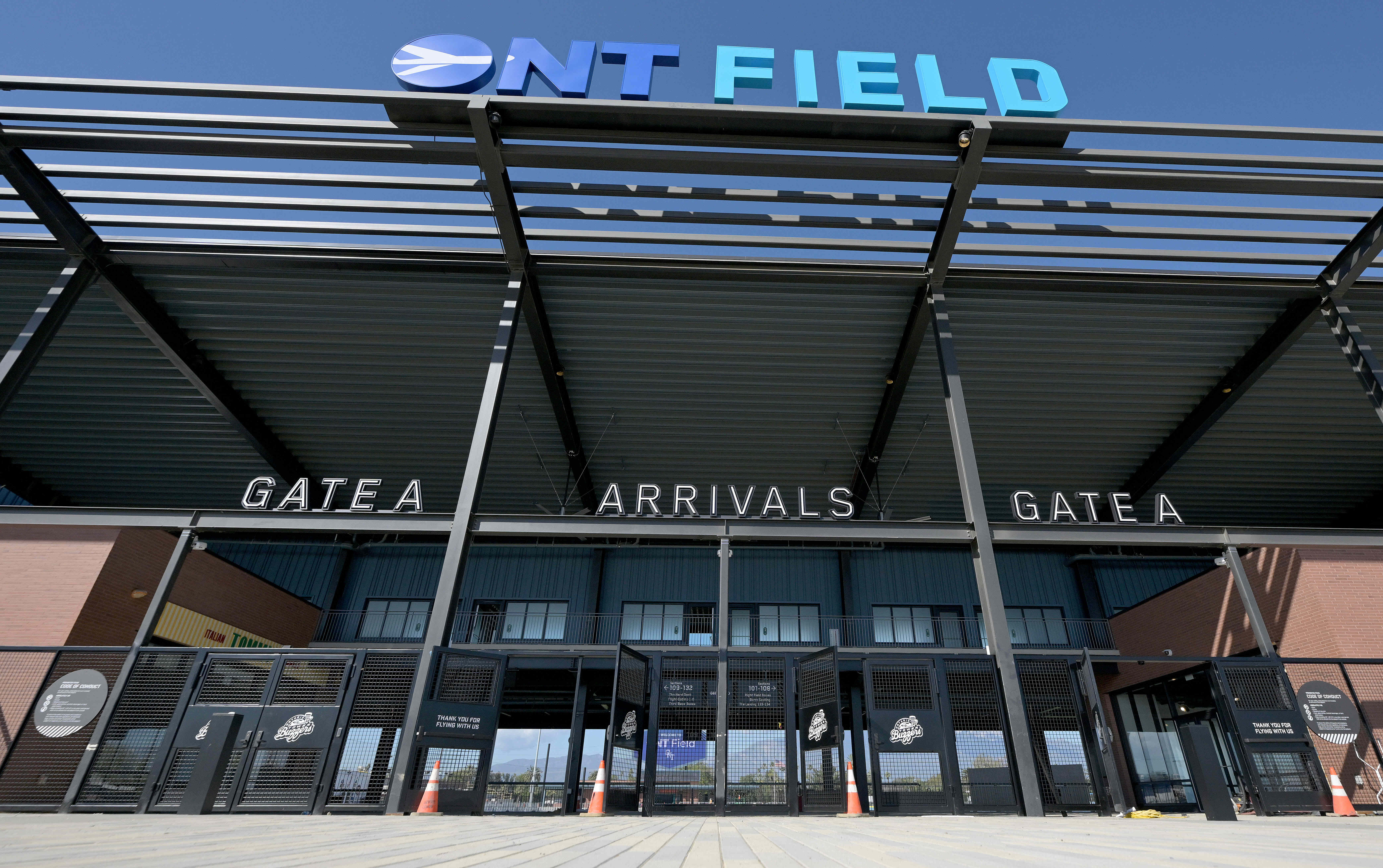 The Gate A stadium entrance at ONT Field in Ontario...