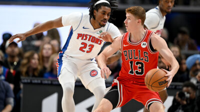 Jan 7, 2026; Detroit, Michigan, USA; Detroit Pistons guard Jaden Ivey (23) guards Chicago Bulls guard Kevin Huerter (13) in the first quarter at Little Caesars Arena.