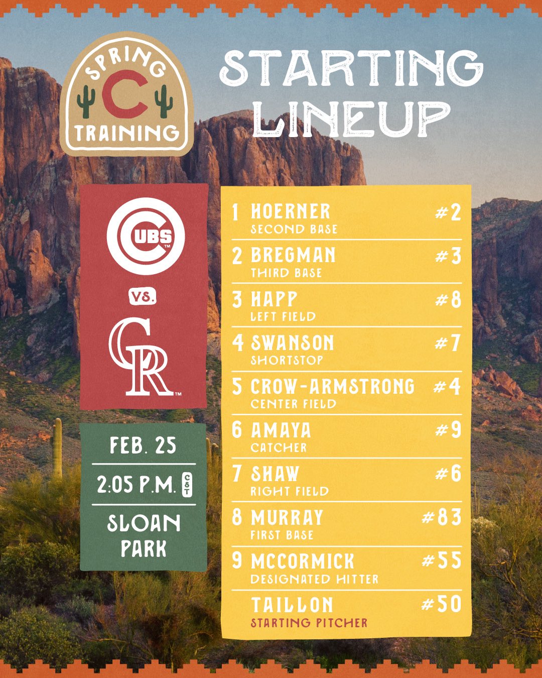 Chicago Cubs Starting Lineup on February 25, 2026