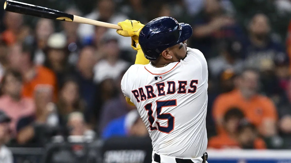  Houston Astros third baseman Isaac Paredes (15) at bat in the third inning against the Philadelphia Phillies at Daikin Park.