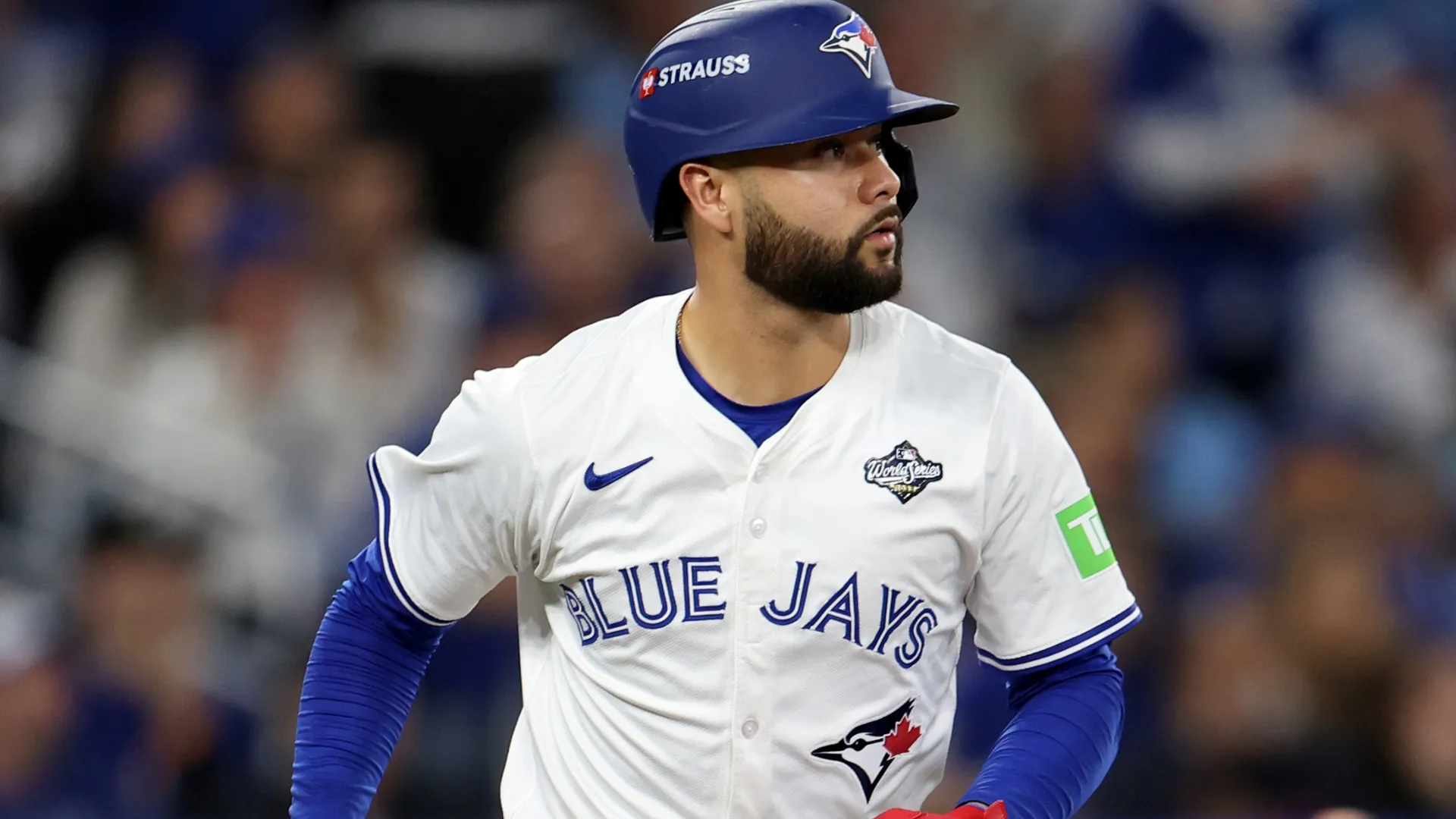 Isiah Kiner-Falefa #7 with the Blue Jays runs to first base during game two of the World Series. Emilee Chinn/Getty Images