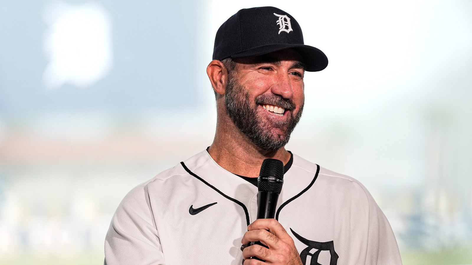 Detroit Tigers pitcher Justin Verlander answers a question during his introductory press conference at the 34 Club of Joker Marchant Stadium on Thursday, Feb. 12, 2026.