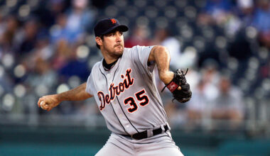 Justin Verlander in the wind-up of a pitch