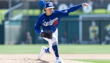Los Angeles Dodgers pitcher Justin Wrobleski against the Cleveland Guardians during a spring training game at Camelback Ranch-Glendale.