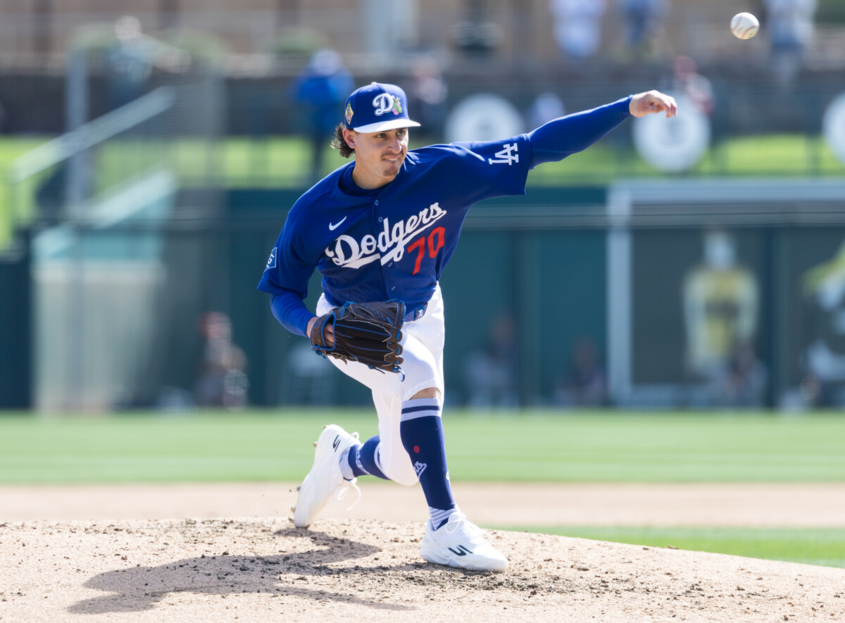 Los Angeles Dodgers pitcher Justin Wrobleski against the Cleveland Guardians during a spring training game at Camelback Ranch-Glendale.