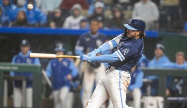 Kansas City Royals first baseman Vinnie Pasquantino (9) hits the ball in the bottom of the eighth inning during an MLB game against the Baltimore Orioles on Friday, April 4, 2025, at Kauffman Stadium.