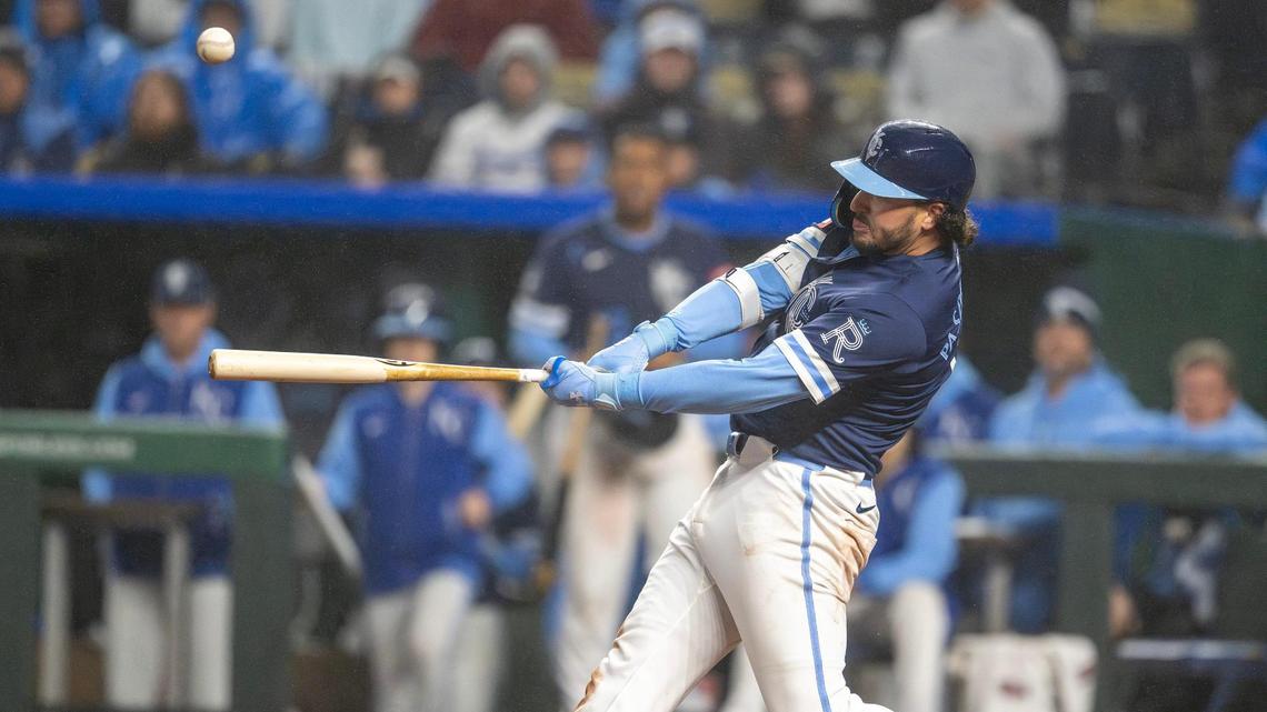 Kansas City Royals first baseman Vinnie Pasquantino (9) hits the ball in the bottom of the eighth inning during an MLB game against the Baltimore Orioles on Friday, April 4, 2025, at Kauffman Stadium.