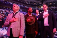 Dallas Mavericks CEO Rick Welts (left) joined Dallas Mayor Eric Johnson (center) and team...