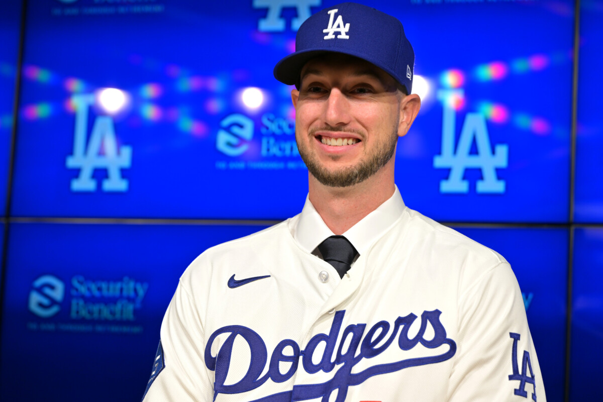 Los Angeles Dodgers outfielder Kyle Tucker at his introductory press conference in 2026.