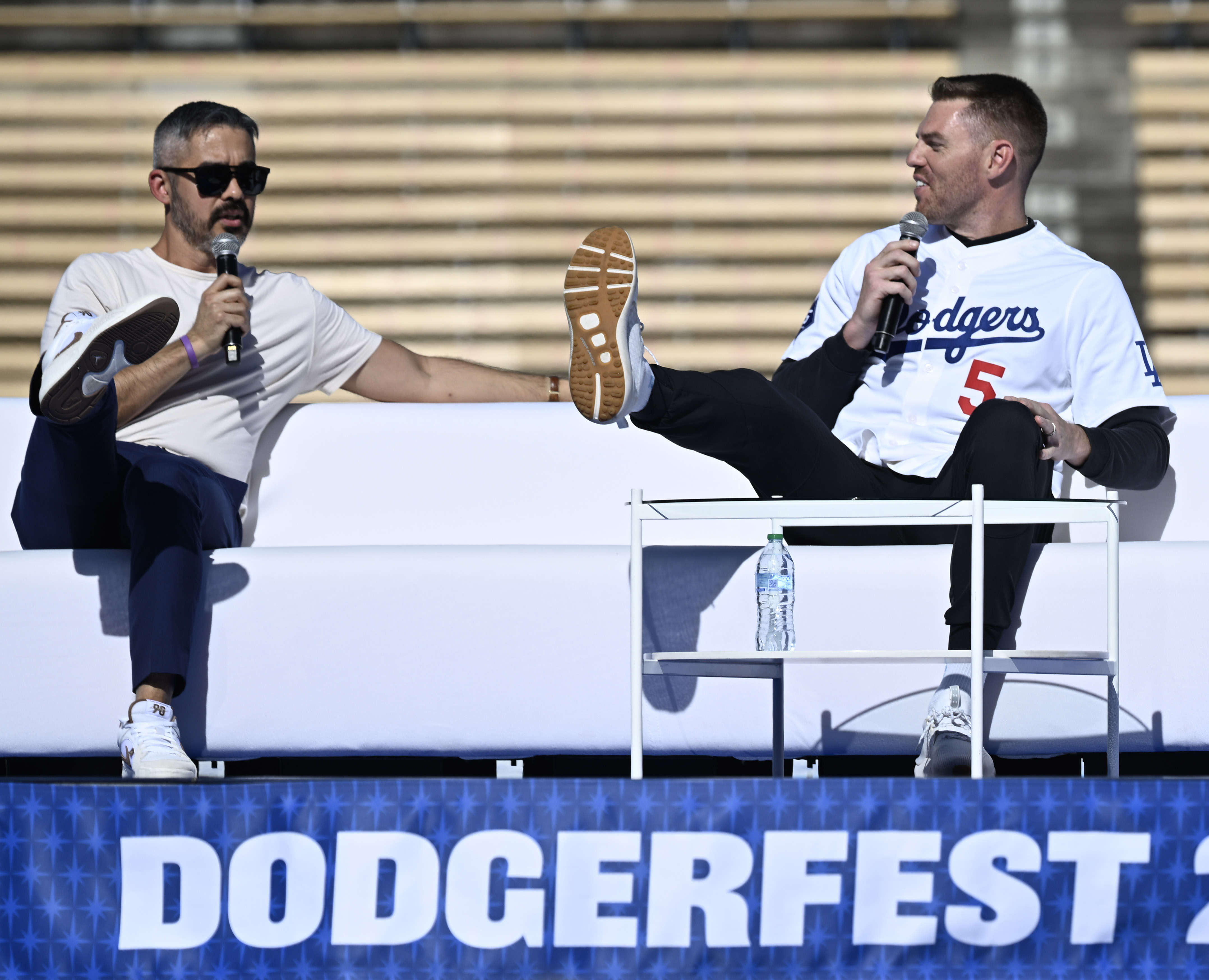 Freddie Freeman #5 of the Los Angeles Dodgers shows off...