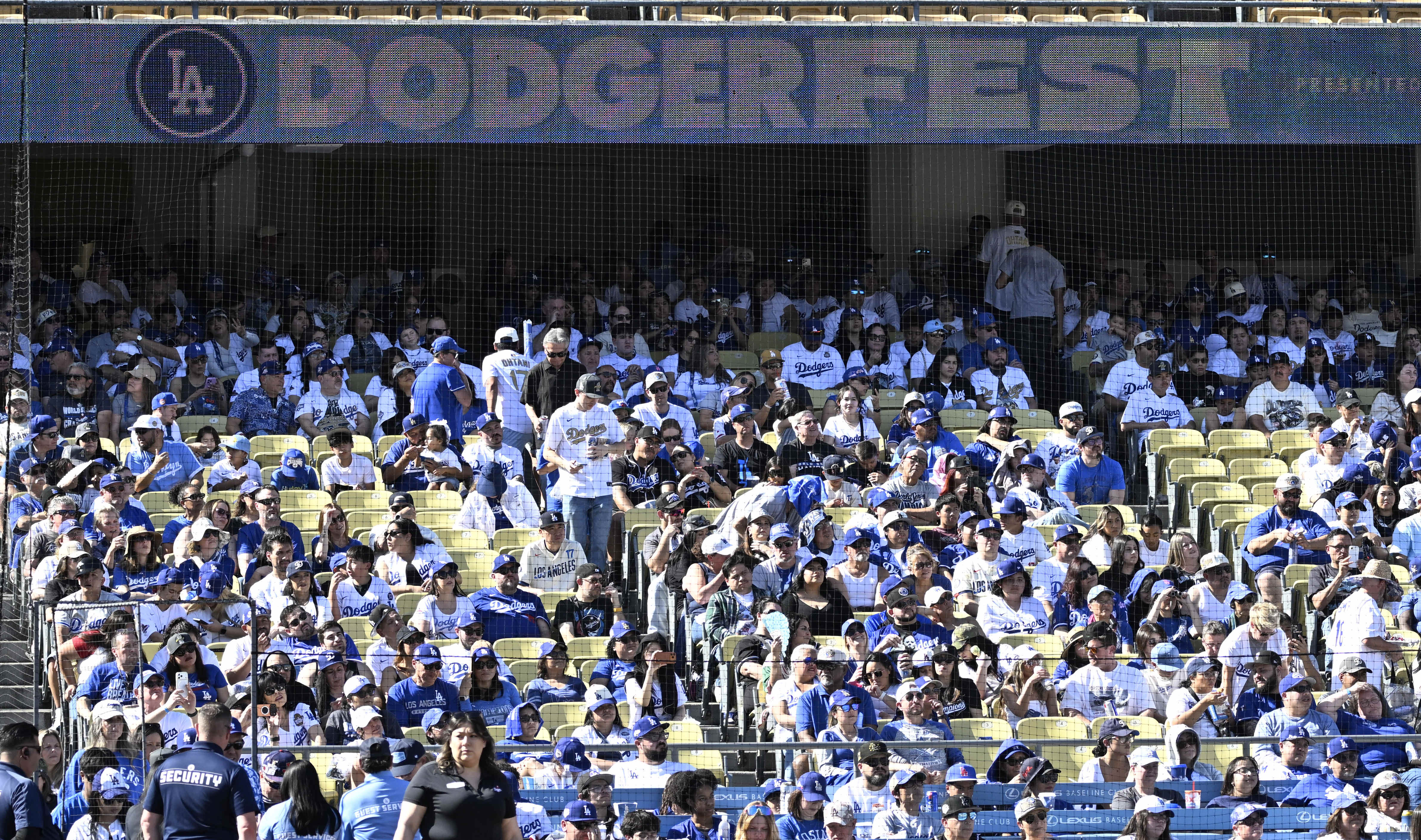 Fans look on during the annual DodgerFest at Dodger Stadium...