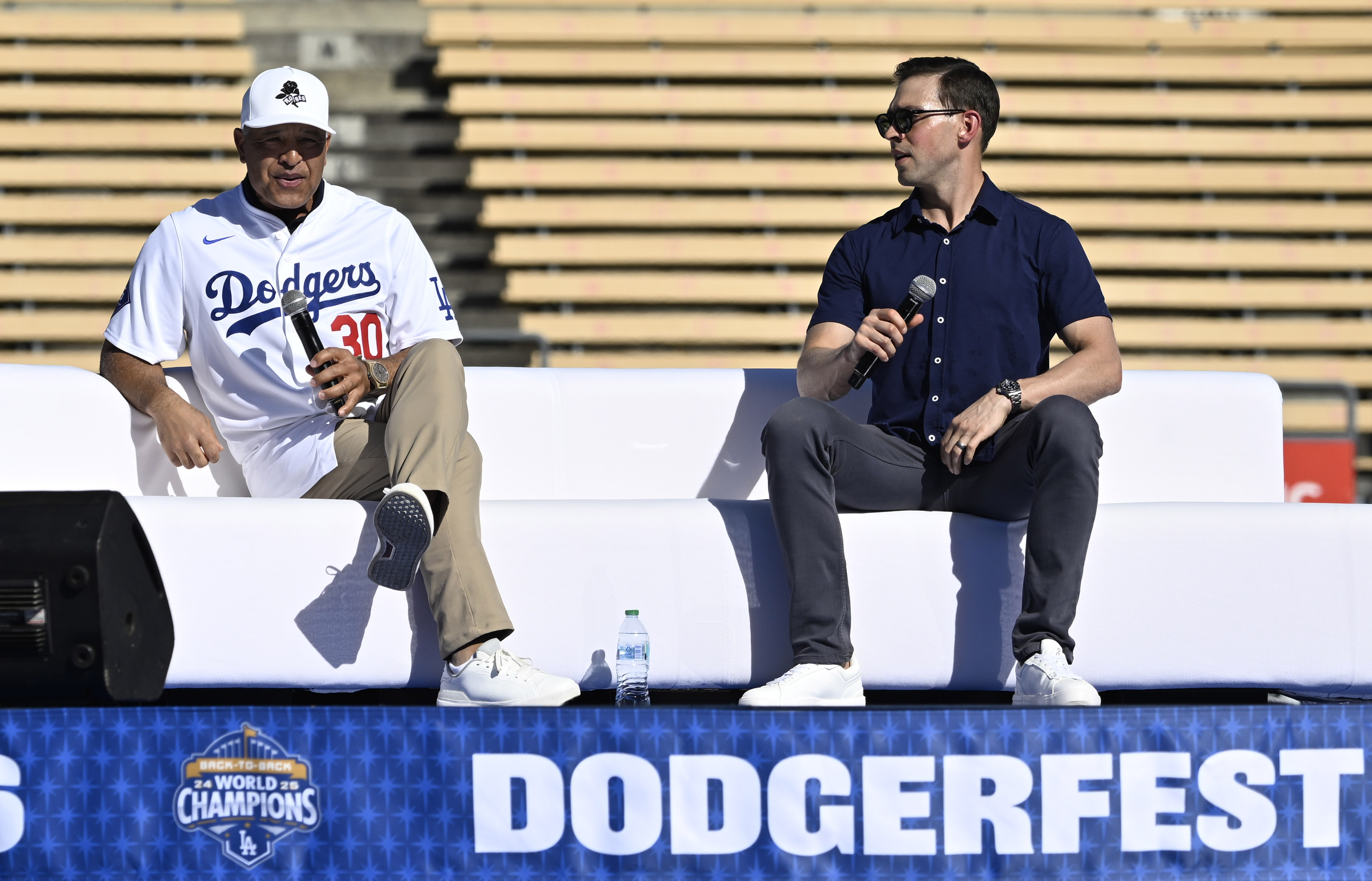 Manager Dave Roberts of the Los Angeles Dodgers speaks as...