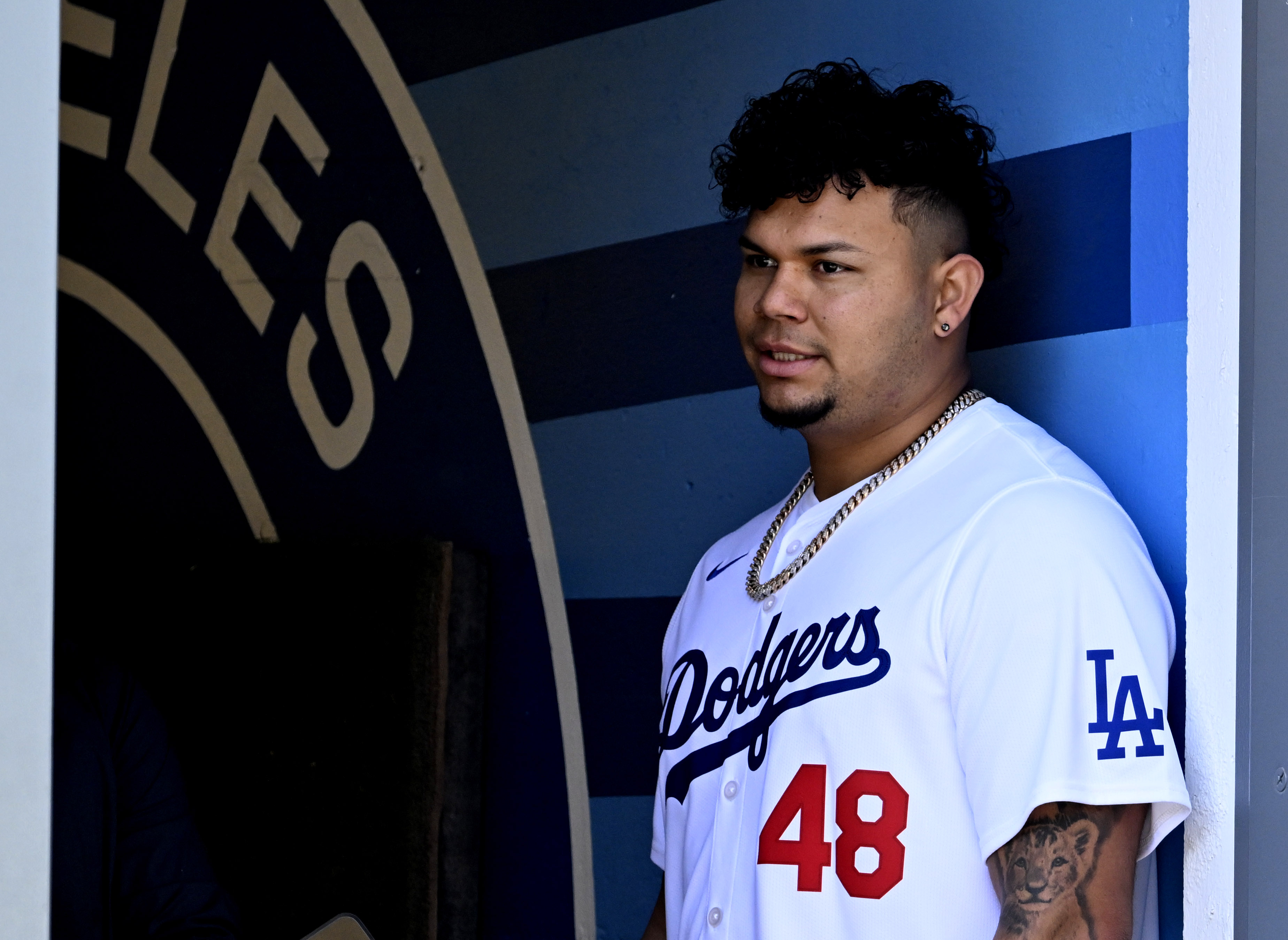 Brusdar Graterol of the Los Angeles Dodgers waits in the...