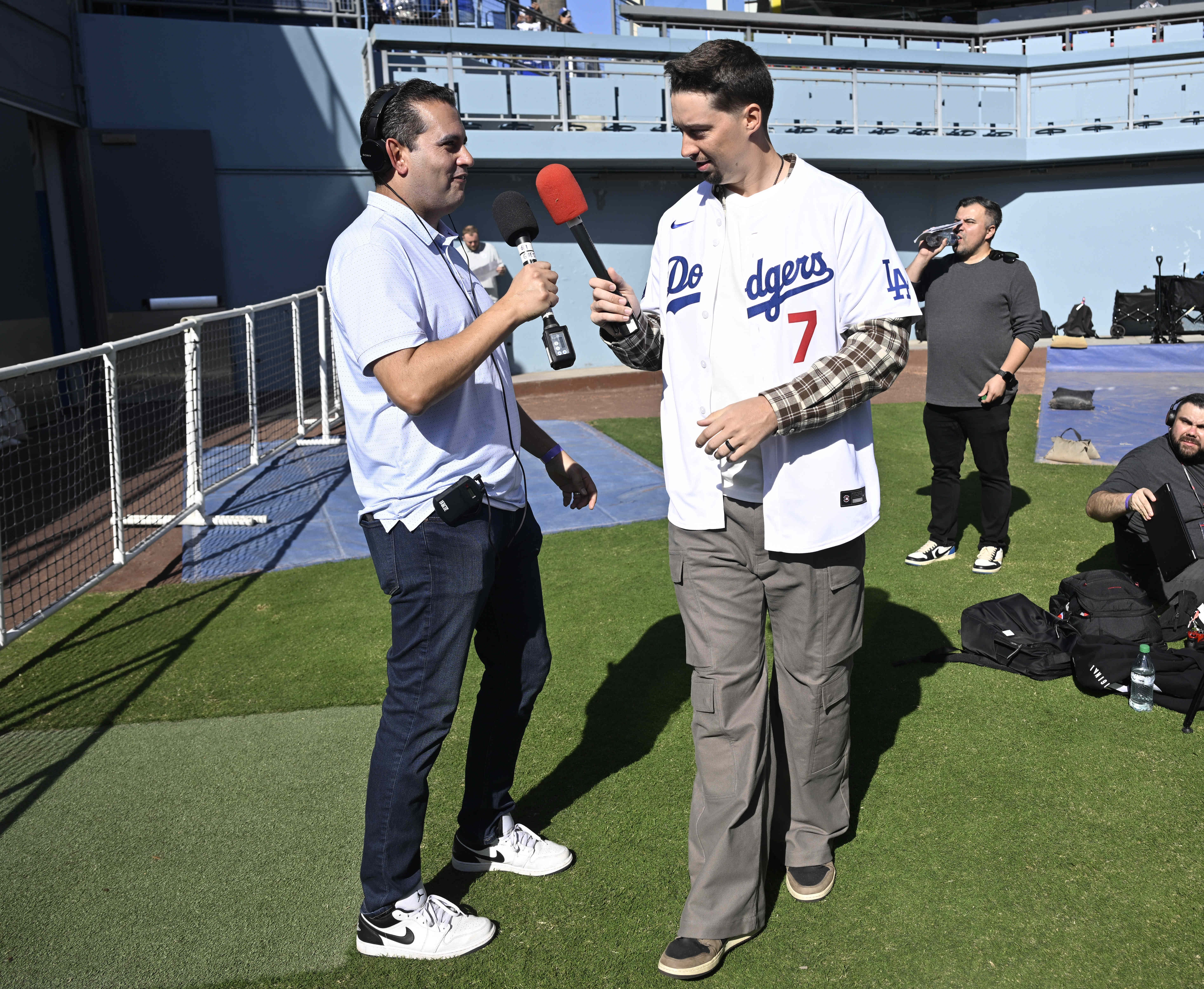 Blake Snell #7 of the Los Angeles Dodgers speaks with...