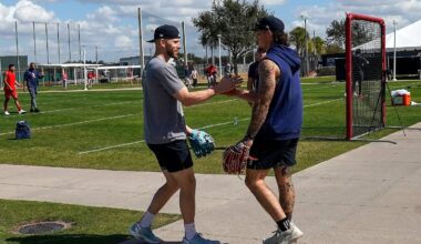 From left, Boston Red Sox shortstop Trevor Story (10) greeted Sox left fielder Jarren Duran (16) on Day 3 of Spring Training at Jet Blue Park, in Fort Myers, FL.