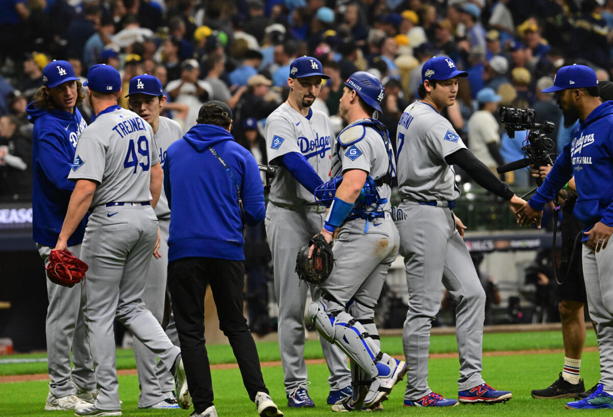 The Los Angeles Dodgers celebrating a win against the Milwaukee Brewers in the 2025 postseason.