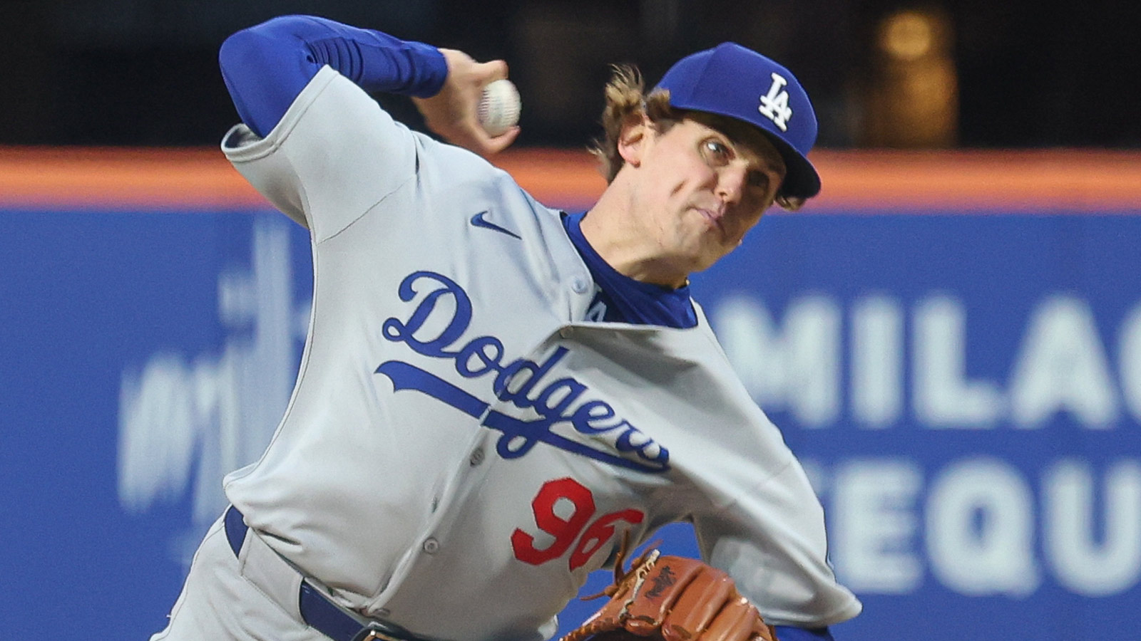  Los Angeles Dodgers starting pitcher Landon Knack (96) delivers a pitch during the third inning against the New York Mets at Citi Field. Mandatory Credit: Vincent Carchietta-Imagn Images