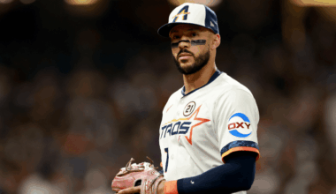 Carlos Correa in Astros uniform during 2025 game after confirming Bad Bunny offered to pay his World Baseball Classic insurance.