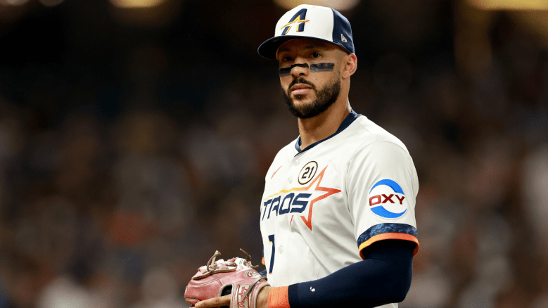 Carlos Correa in Astros uniform during 2025 game after confirming Bad Bunny offered to pay his World Baseball Classic insurance.