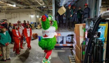 Phillie Phanatic tosses a box onto truck at start of loading, spring training supplies. Philadelphia Phillies load up their cargo trucks t transport their equipment and supplies for start of Spring Training in Clearwater, Florida at Citizens Bank Park, Philadelphia, Monday, Feb. 3, 2025.