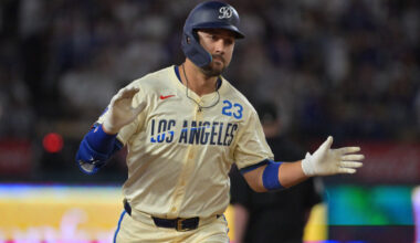 Los Angeles Dodgers outfielder Michael Conforto (23) reacts after scoring a run during the third inning against the San Francisco Giants at Dodger Stadium.