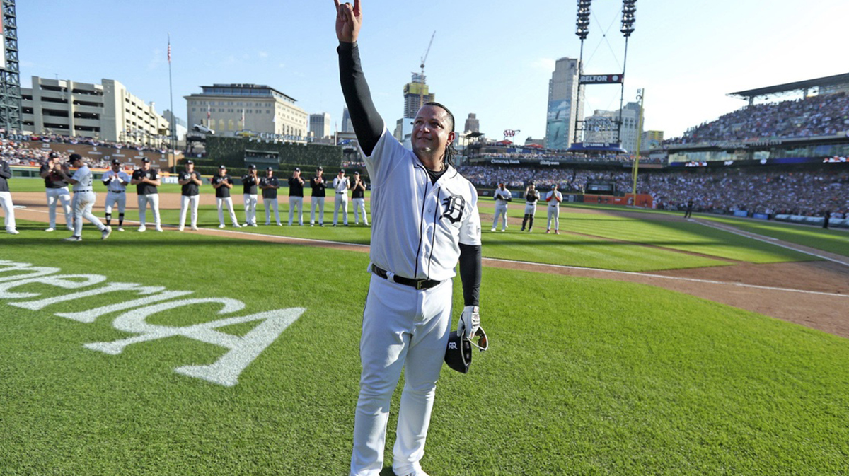 Detroit Tigers designated hitter Miguel Cabrera waves to fans after making his last play at first base as a Tigear during eighth inning action on Sunday, Oct. 1, 2023.