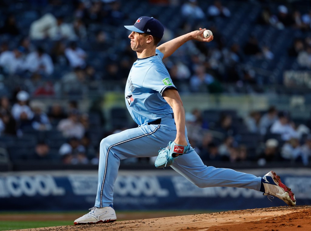 Chris Bassitt #40 of the Toronto Blue Jays throws a pitch during the first inning.
