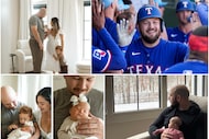 (Top left, bottom row) Texas Rangers 1B Jake Burger poses with his wife, Ashlyn, and their...