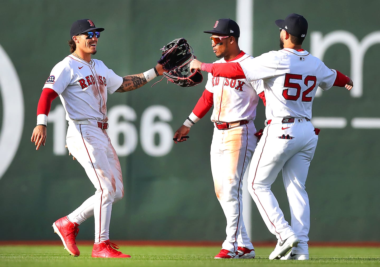 Red Sox outfielders (from left) Jarren Duran, Ceddanne Rafaela, and Wilyer Abreu form a talented trio in the field and at the plate. Throw in last year's rookie sensation Roman Anthony, and manager Alex Cora now has a headache on his hands.